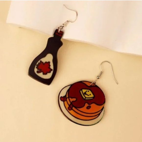 ⭐️❤️FREE Bread Maple Syrup Pancakes Snack Hipster Hippie Graphic Drop Earrings - Picture 9 of 9